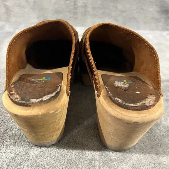 MIA Elsa Clogs 8.5 / 39 Brown Leather Braid Platform Made In Sweden Tan Chunky - Picture 11 of 11